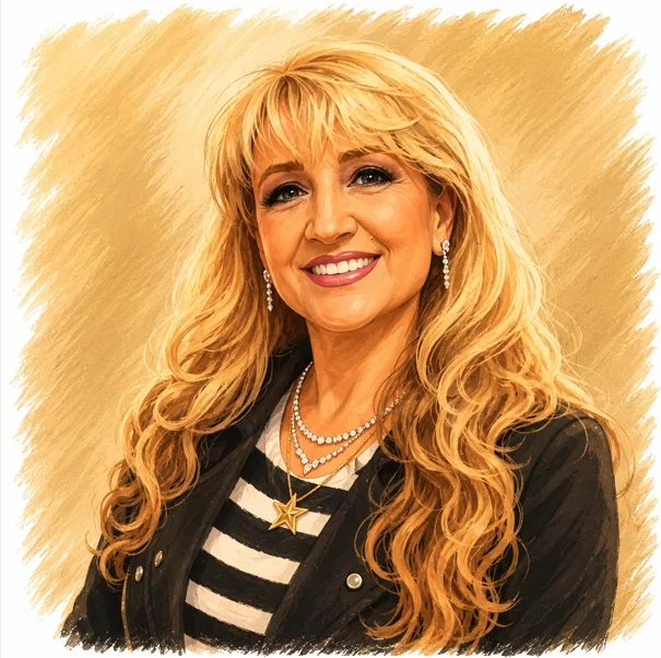 Illustrated caricature portrait of E. Ann Pierce, smiling, with long blonde hair and a black jacket.