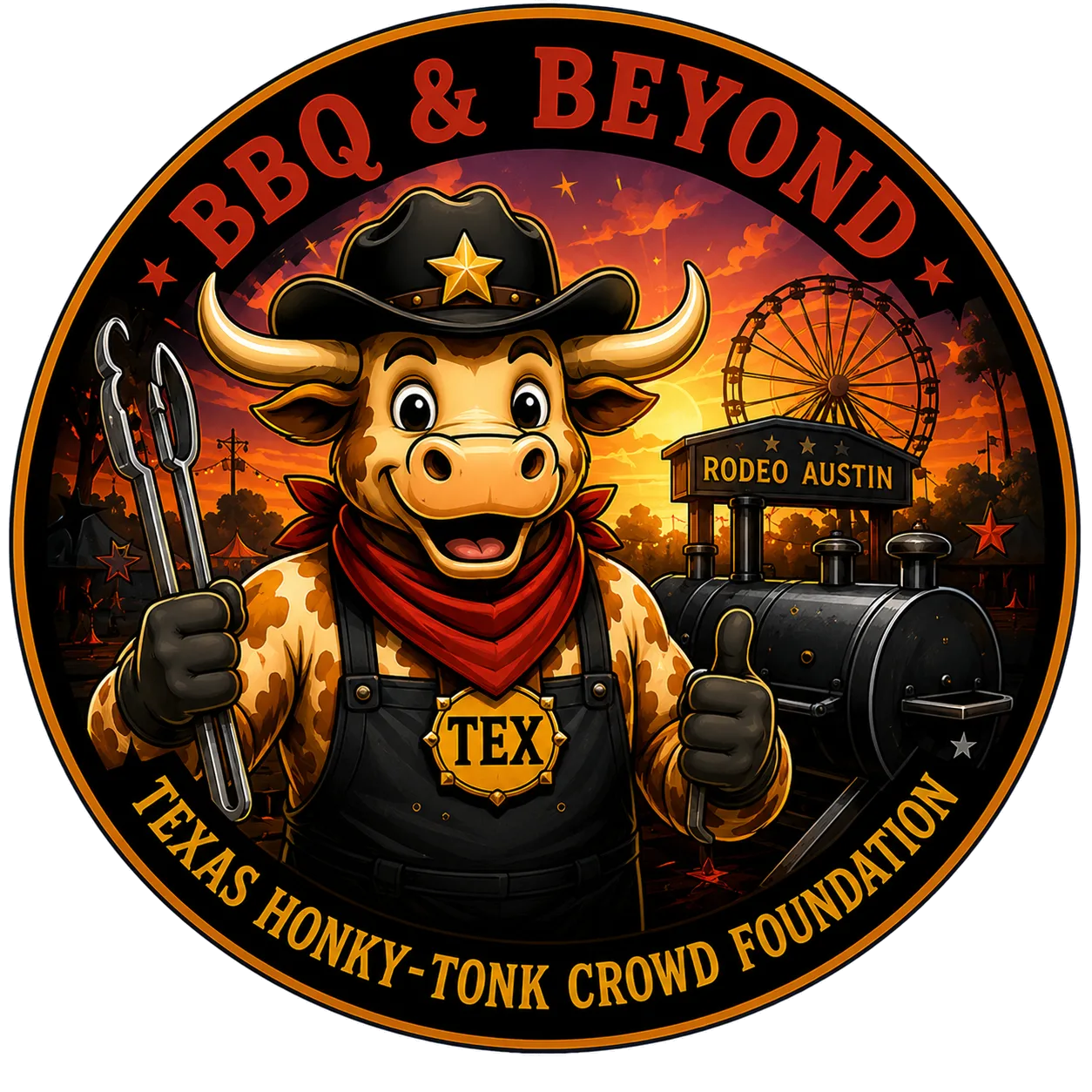 BBQ & Beyond program badge: Tex the longhorn in a black apron holding barbecue tongs beside a smoker, with the Rodeo Austin ferris wheel at sunset behind him.