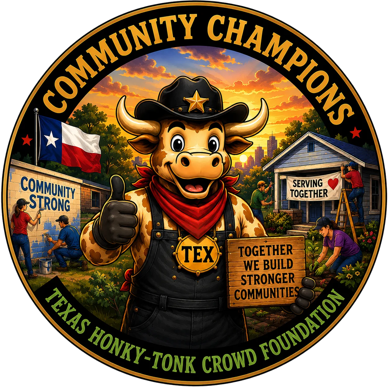 Community Champions program badge: Tex the longhorn holding a sign reading "Together we build stronger communities" while volunteers paint a wall, hang a banner and plant a garden.