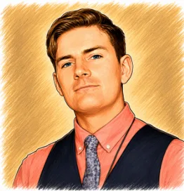 Illustrated caricature portrait of Dalton Pierce in a vest and tie.