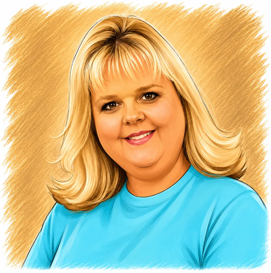 Illustrated caricature portrait of Dawn McNabb, smiling.