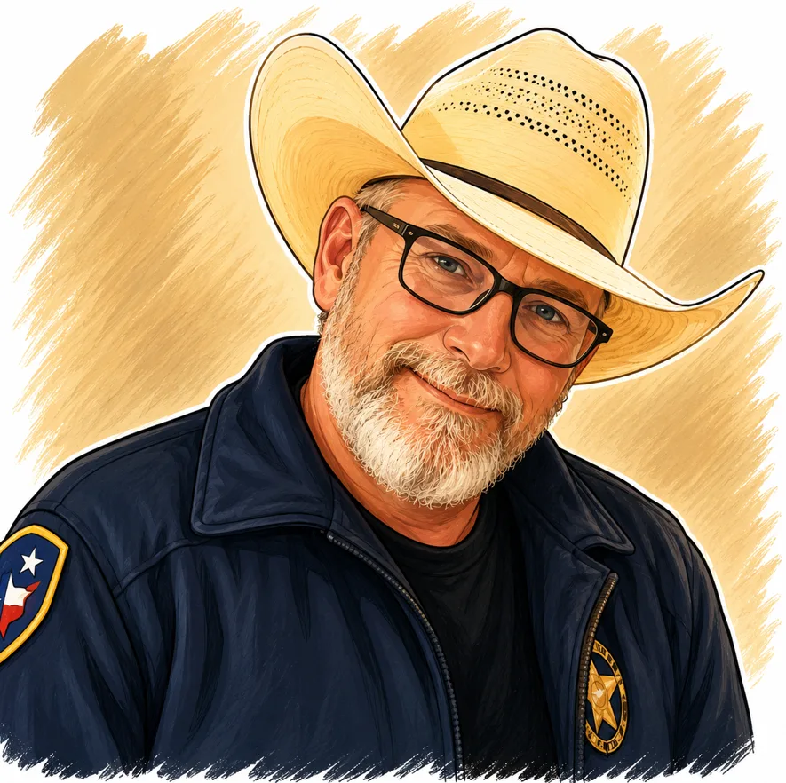 Illustrated caricature portrait of Deke G. Pierce in a straw cowboy hat and a navy law enforcement jacket.