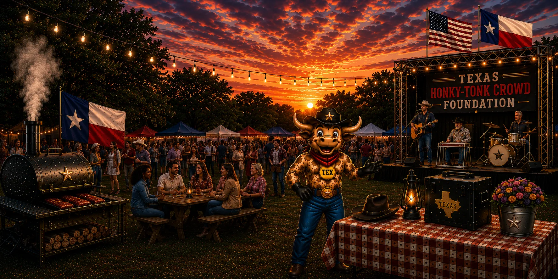 Tex the longhorn mascot welcoming guests to a packed outdoor barbecue at sunset — a smoker loaded with brisket, families around picnic tables under string lights, a live band on a stage banner reading Texas Honky-Tonk Crowd Foundation, and Texas and American flags flying.