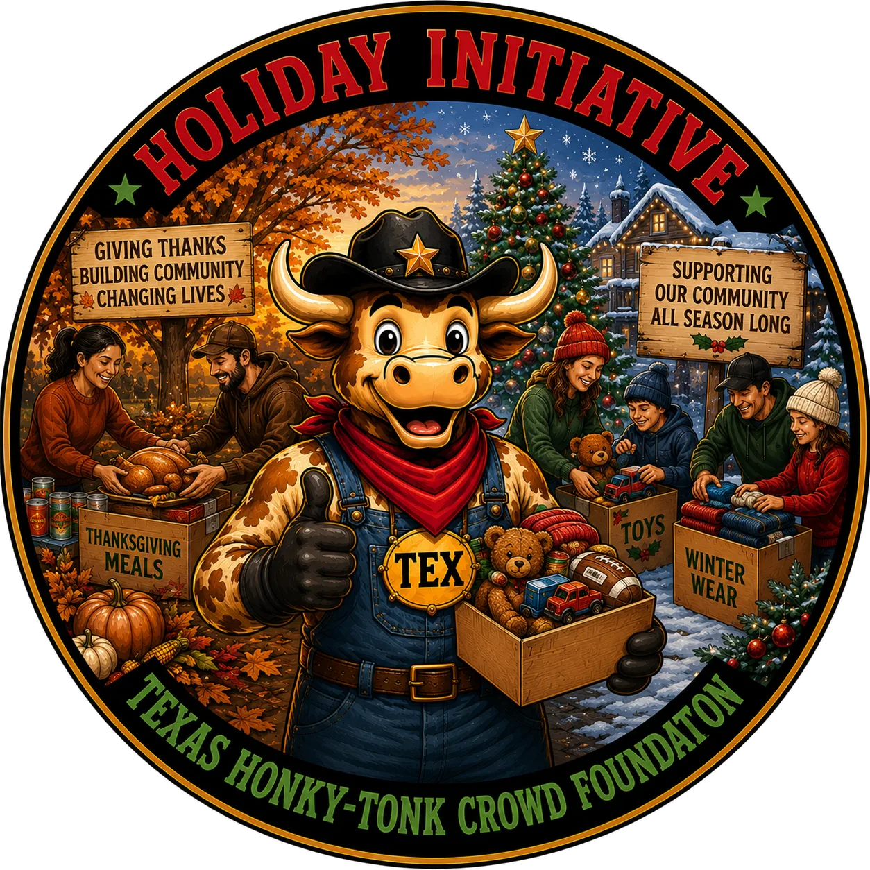 Holiday Initiative program badge: Tex the longhorn carrying a crate of toys, with families packing Thanksgiving meals on one side and winter wear and a Christmas tree on the other.