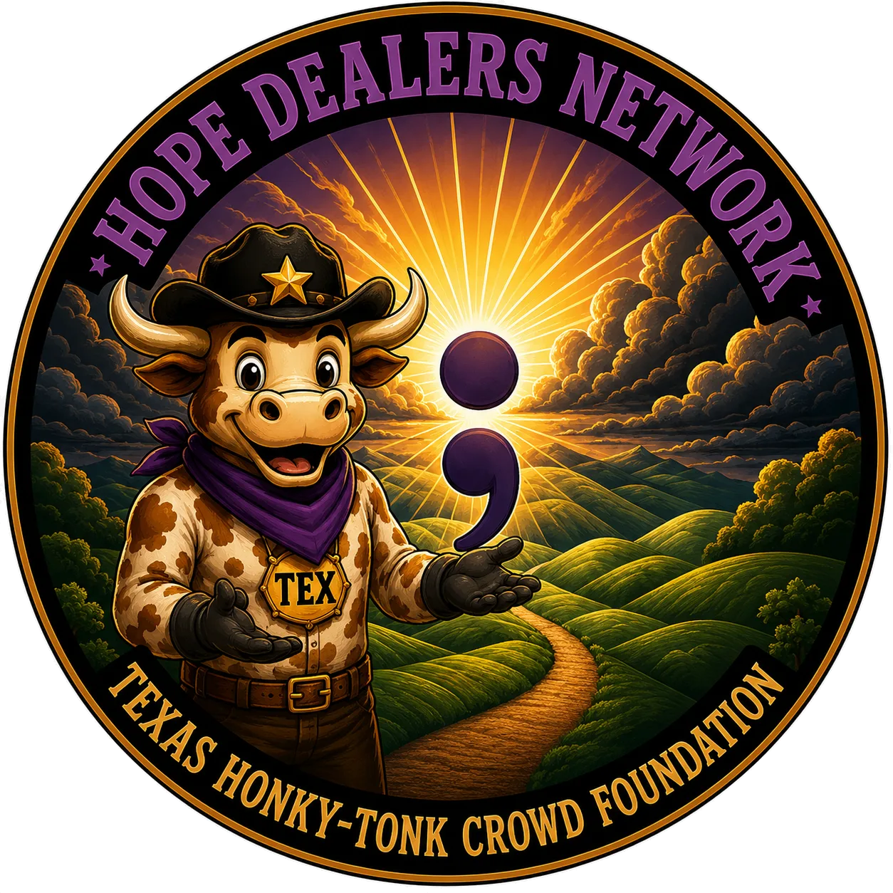 Hope Dealers Network program badge: Tex the longhorn in a purple bandana with open hands beside a semicolon, a winding path leading toward sunrise over green hills.