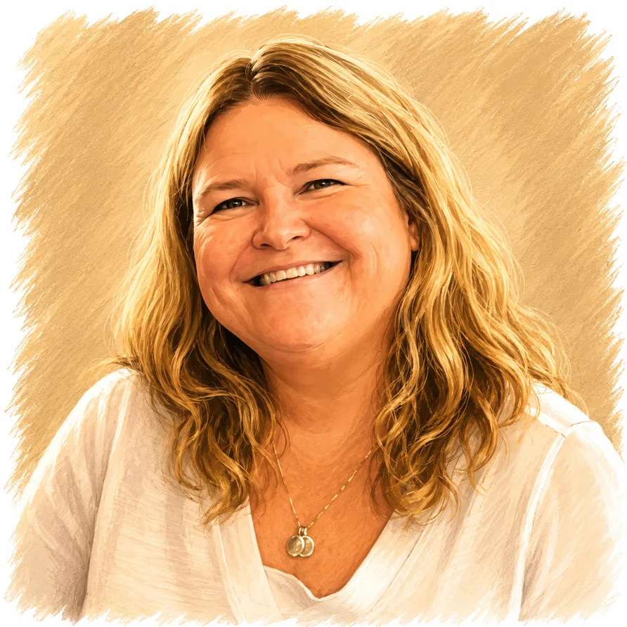 Illustrated caricature portrait of Liz Ewald, smiling, in a white top.