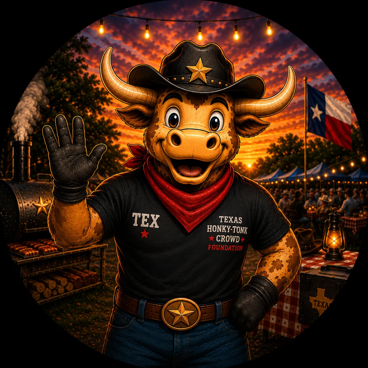 Tex, the foundation's longhorn mascot, in a black cowboy hat and red bandana waving hello at a barbecue.