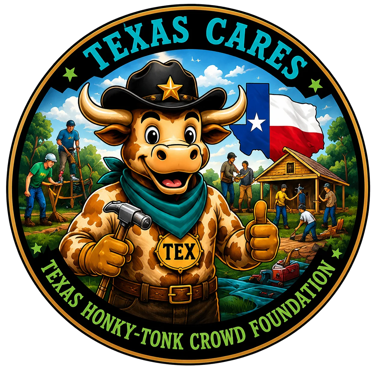 Texas Cares program badge: Tex the longhorn in a teal bandana holding a hammer while volunteers clear brush and frame a cabin under a Texas flag.